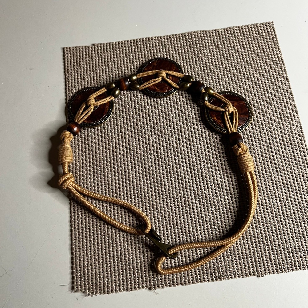 Vintage Boho Braided‎ Cord Belt Tan Wood Bead Medallion Hook Closure 29.5 inch